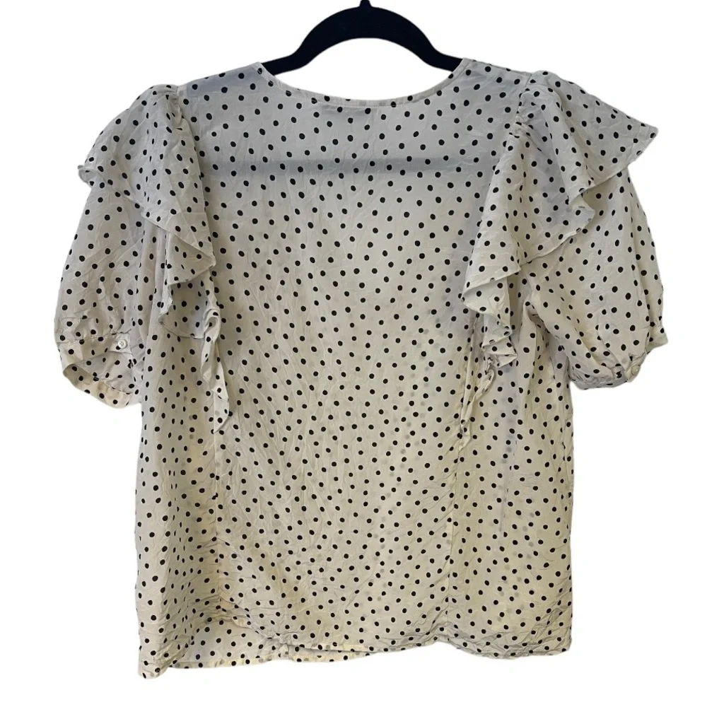 Madewell Silk V-Neck Shoulder-Ruffle Top in Inkbrush‎ Dots S
